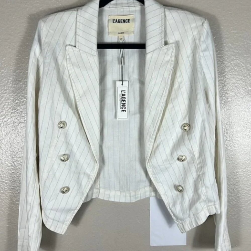 L'AGENCE Wayne Crop Double Breast Jacket in Chalk Stripe